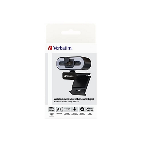 Verbatim Webcam in Verpackung, schwarz-weiÃŸ, mit Text: Webcam with Microphone and Light.