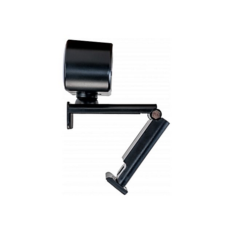 Schwarze Webcam mit verstellbarem Arm. Die Kamera ist an einem StÃ¤nder befestigt und vor weiÃŸem Hintergrund platziert.