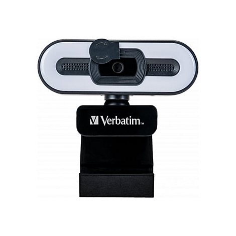 Webcam mit LED-Licht. Schwarzes GehÃ¤use, weiÃŸer Leuchtring, Verbatim Logo.