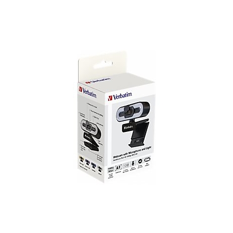 Verpackung einer Webcam mit Mikrofon und Licht. Aufdrucke: Verbatim, Produktname, Logos.