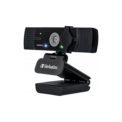 Schwarze Webcam mit Logo 'Verbatim', 4K-AuflÃ¶sung, Autofokus, grÃ¼n/blaue LEDs, Halterung.