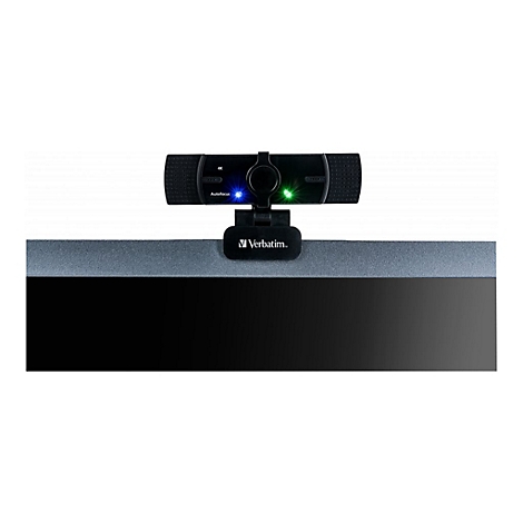 Schwarze Webcam, auf Monitor montiert, mit blauer und grÃ¼ner LED. Verbatim-Logo sichtbar.