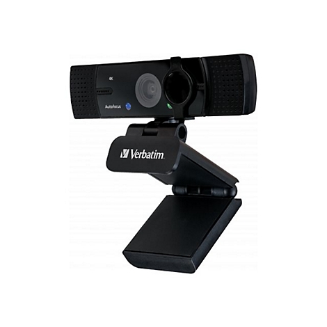 Schwarze Webcam mit Autofokus, montiert auf einem verstellbaren Halter. Verbatim-Logo. 4K-Aufnahme.