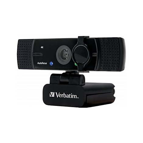 Schwarze Verbatim Webcam mit 4K und Autofokus. Das GerÃ¤t ist auf einer Halterung befestigt.