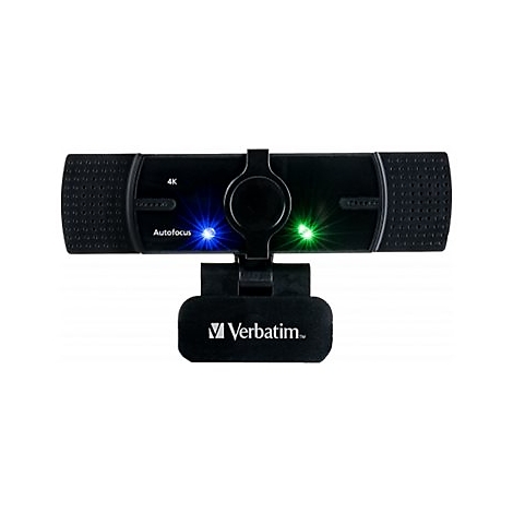 Schwarze Webcam von Verbatim mit blauer und grÃ¼ner LED-Anzeige.