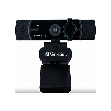 Schwarze Webcam mit der Aufschrift Verbatim. Auf der Webcam sind die WÃ¶rter 4K und Autofocus zu sehen.
