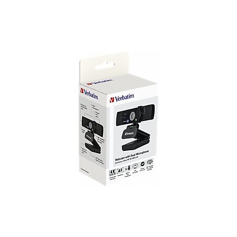Verbatim Webcam auf weiÃŸem Hintergrund. Die Verpackung zeigt die Webcam und die Logos des Herstellers.