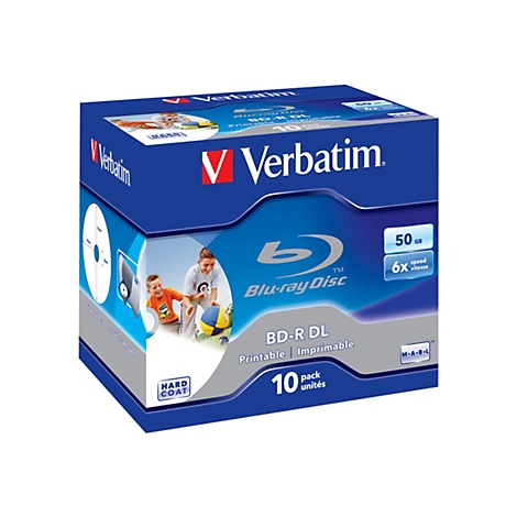 Verbatim Blu-ray Disc-Verpackung. Blaue Schachtel mit Logo, Produktangaben und Abbildung spielender Kinder.