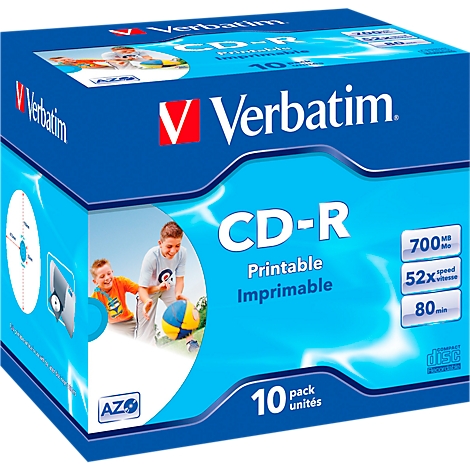 Blauwe doos met Verbatim CD-Rs. Opdruk: CD-R, 700MB, 52x, 80 min, met illustraties van kinderen. 10 stuks.