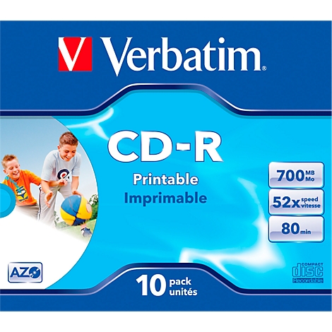 Blauwe Verbatim CD-R-verpakking met kinderen. Tekst: CD-R, 10 stuks, Printable, 700 MB, 52x snelheid, 80 min.