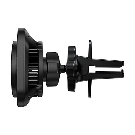 Schwarze Autohalterung im Detail, zur Befestigung am Lüftungsgitter. Mit drehbaren Elementen und Lüfterlamellen.