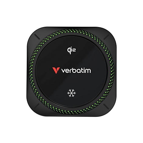 Drahtlose Ladestation in Schwarz mit grünen Punkten und dem Logo von Verbatim.