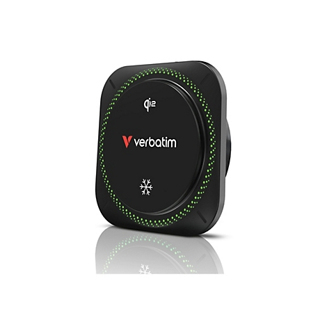 Disque dur noir et rond avec logo Verbatim, anneau lumineux vert et symbole de flocon de neige.