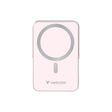 Hellrosa Powerbank mit silbernem Kreis und Minuszeichen. Unten ist der Markenname Verbatim.