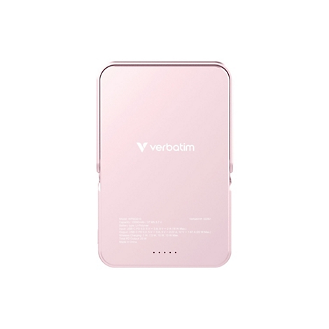 Hellrosa Powerbank mit abgerundeten Ecken, Verbatim Logo, technische Daten.