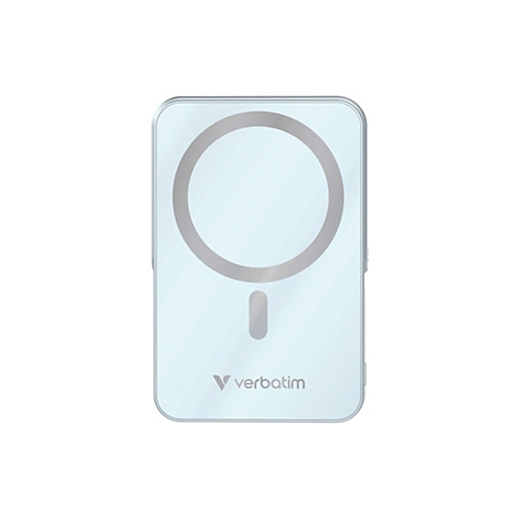 Hellblaues, rechteckiges Ladegerät mit silbernem Kreis und länglichem Balken. Logo "verbatim".