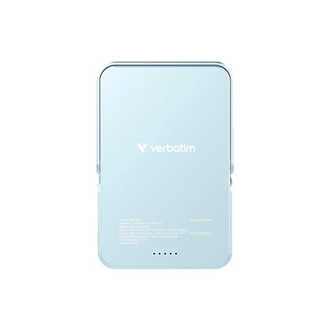 Un chargeur rectangulaire bleu clair avec des coins arrondis, sur un fond blanc. Le texte 'V verbatim' et les spécifications techniques y sont visibles.