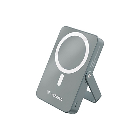 Chargeur sans fil gris et angulaire avec forme circulaire blanche, logo Verbatim.