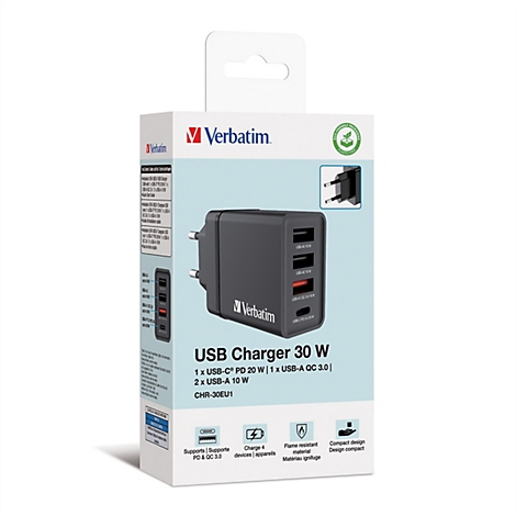Chargeur USB Verbatim noir, détails des ports, texte: USB Charger 30W, 1x USB-C PD 20 W, 1x USB-A QC 3.0, 2x USB-A 10W.