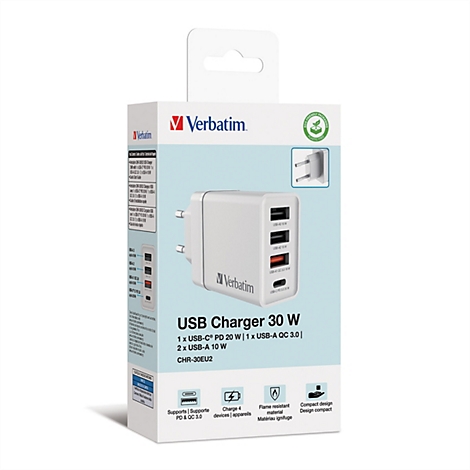 Chargeur USB Verbatim 30W. Chargeur blanc avec plusieurs ports USB, sur une boîte de produit avec spécifications.