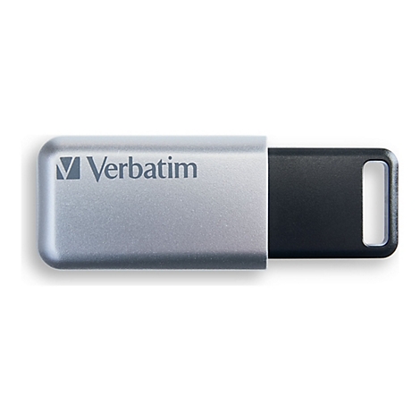 Une clé USB argentée avec l'inscription "Verbatim" et une prise noire.