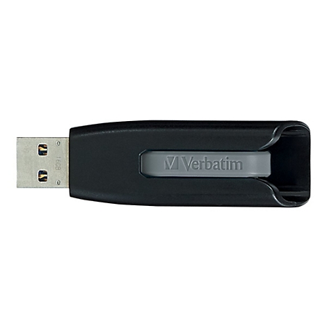Clé USB noire avec curseur gris, logo Verbatim visible.