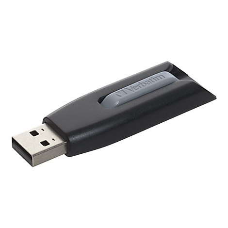 Clé USB noire avec curseur gris et impression "Verbatim".