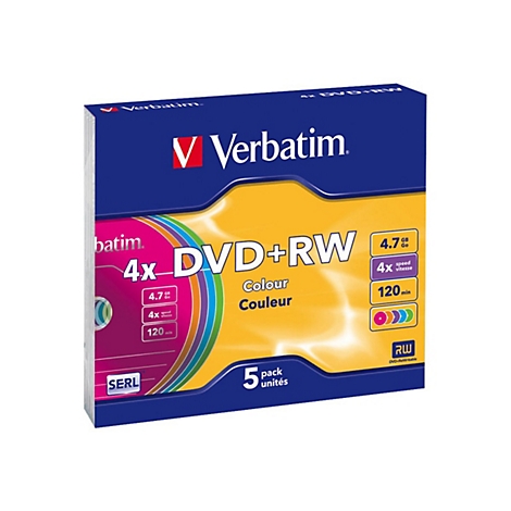 Verbatim DVD+RW 5er Pack. Blaue Verpackung mit Aufdruck.