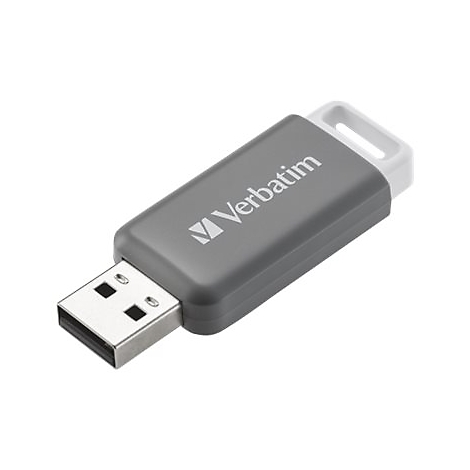 Grauer Verbatim USB-Stick mit weißer Öse vor weißem Hintergrund.