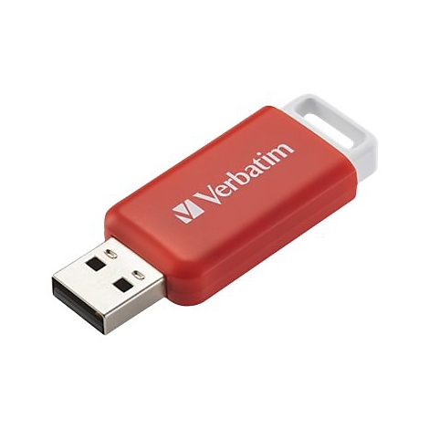 Roter Verbatim USB-Stick vor weißem Hintergrund mit weißer Öse am Ende.