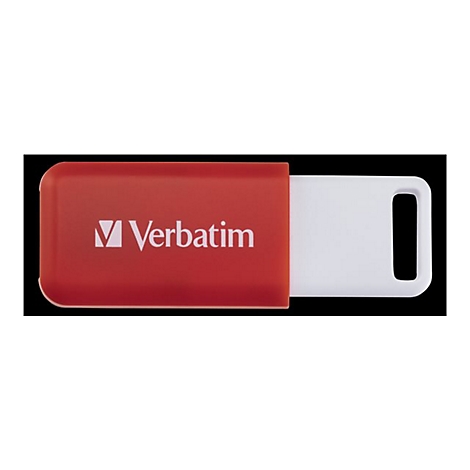 Roter Verbatim USB-Stick mit weißem, ausziehbarem Steckergehäuse vor schwarzem Hintergrund.