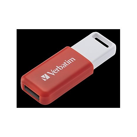 Roter Verbatim USB-Stick mit weißer Kappe und Öse vor schwarzem Hintergrund.