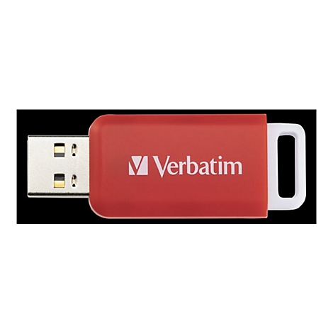 Roter Verbatim USB-Stick vor schwarzem Hintergrund.