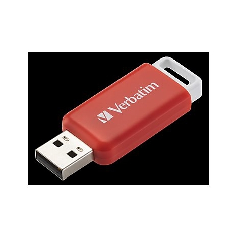 Roter USB-Stick mit weiÃŸem Verbatim-Logo. Der Stick hat eine weiÃŸe Schlaufe zum Befestigen.