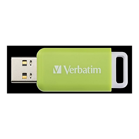 Ein hellgrüner Verbatim USB-Stick mit weißer Öse vor schwarzem Hintergrund.