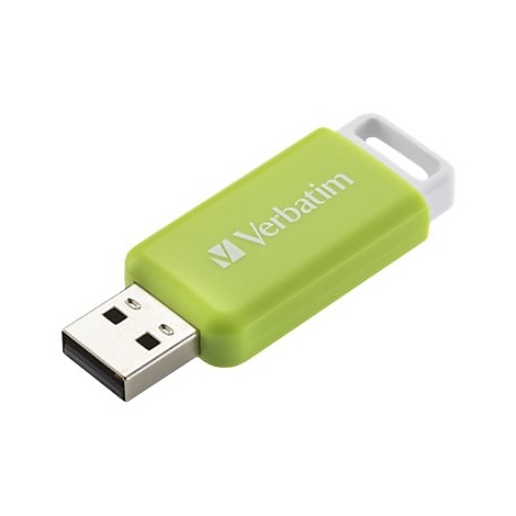 Ein hellgrüner Verbatim USB-Stick mit weißer Öse vor weißem Hintergrund.