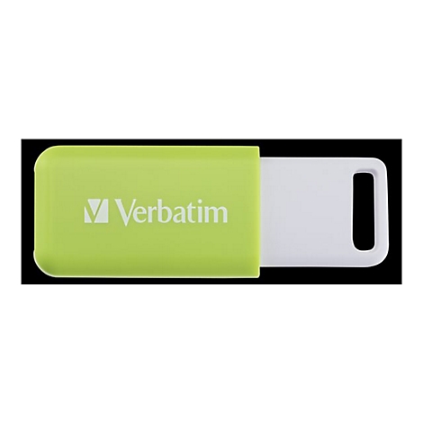 Ein hellgrüner Verbatim USB-Stick mit weißer Schutzkappe vor schwarzem Hintergrund.