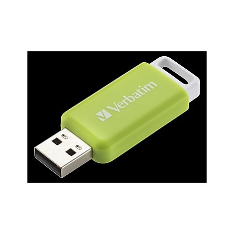 GrÃ¼ner USB-Stick der Marke Verbatim. Auf dem Stick steht in weiÃŸer Schrift der Markenname. Am oberen Ende ist eine weiÃŸe Schlaufe angebracht.