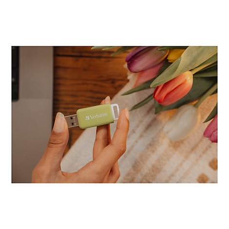 Eine Hand hÃ¤lt einen hellgrÃ¼nen USB-Stick. Im Hintergrund Tulpen und eine Ecke eines Laptops.