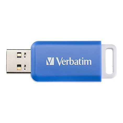 Blauer USB-Stick der Marke Verbatim mit weißer Öse vor weißem Hintergrund.