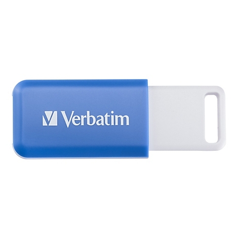 Blauer USB-Stick der Marke Verbatim mit weißer Schutzkappe und Öffnung für Schlüsselanhänger.