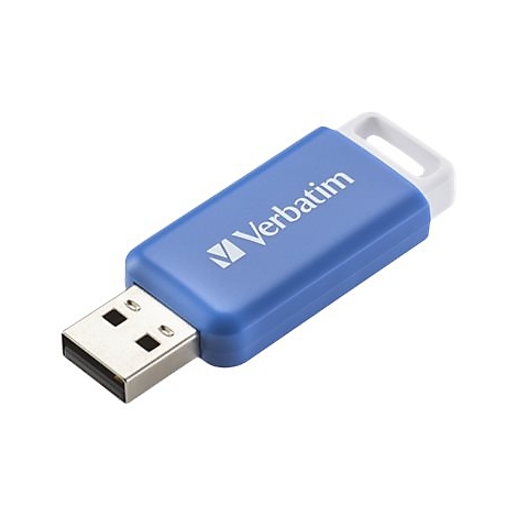 Blauer USB-Stick von Verbatim mit weißem Logo und weißer Öse vor weißem Hintergrund.