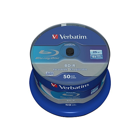 Stapel blauer Verbatim Blu-ray-Discs auf einem blauen Sockel. Aufschrift: BD-R, 50 StÃ¼ck, 25 GB.