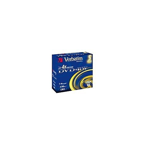 Blauer Verbatim-KartontrÃ¤ger mit Aufdrucken: 4x zertifiziert DVD+RW, 5er-Pack. Gelb-schwarze Verzierungen.