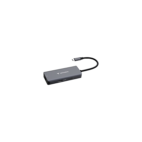 Grauer USB-C-Hub mit Kabel und verschiedenen Anschlüssen, Verbatim Logo.