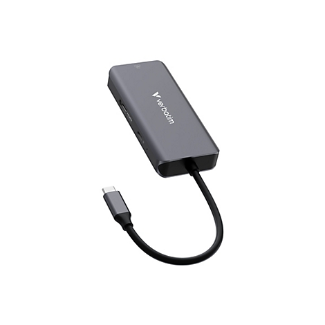 Grauer USB-C-Multiport-Adapter von Verbatim mit Kabel und verschiedenen Anschlüssen auf weißem Grund.