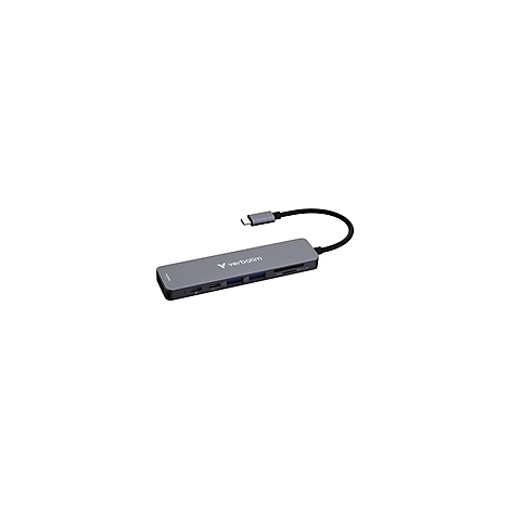 Grauer USB-C-Hub von Verbatim mit mehreren Anschlüssen, einschließlich USB, SD-Kartenleser und HDMI, mit USB-C-Kabel.