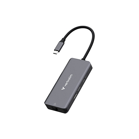 Grauer Verbatim USB-C-Hub mit mehreren Anschlüssen vor weißem Hintergrund.