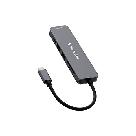 Grauer USB-C-Multiport-Hub von Verbatim mit HDMI-, USB- und Kartenleser-Anschlüssen vor weißem Hintergrund.