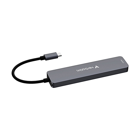 Grauer USB-C-Hub von Verbatim mit kurzem Kabel und USB-C-Stecker vor weißem Hintergrund.